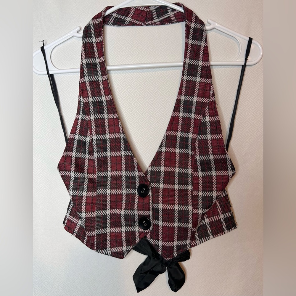 Red and Black Buttoned Bustier Crop Blouse